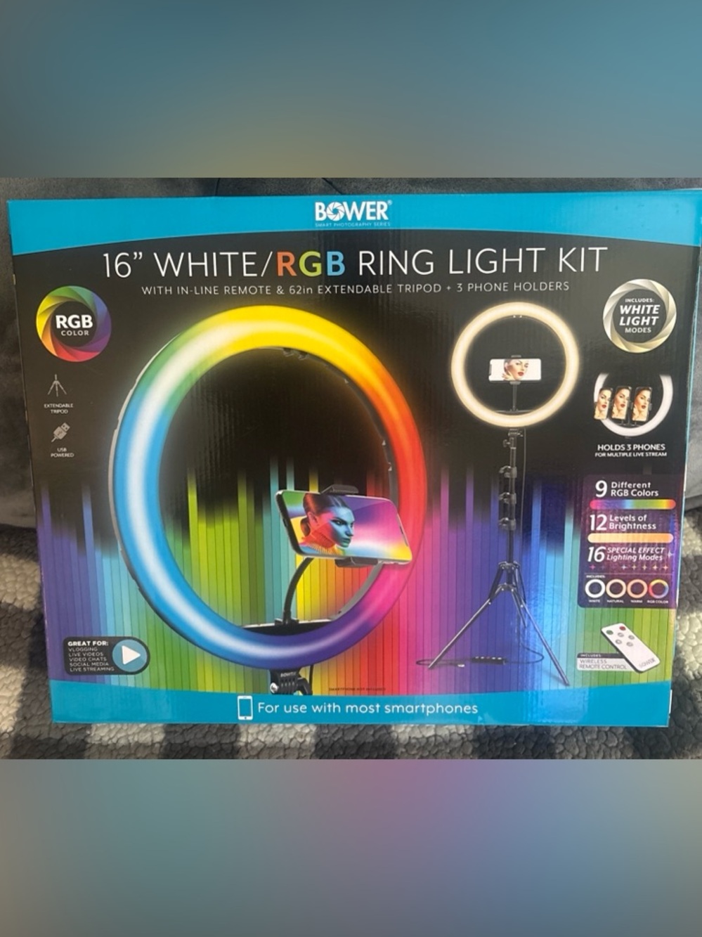 BOWER 16" WHITE & RGB RING LIGHT KIT W/ IN LINE REMOTE & 62" EXTENDABLE TRIPOD